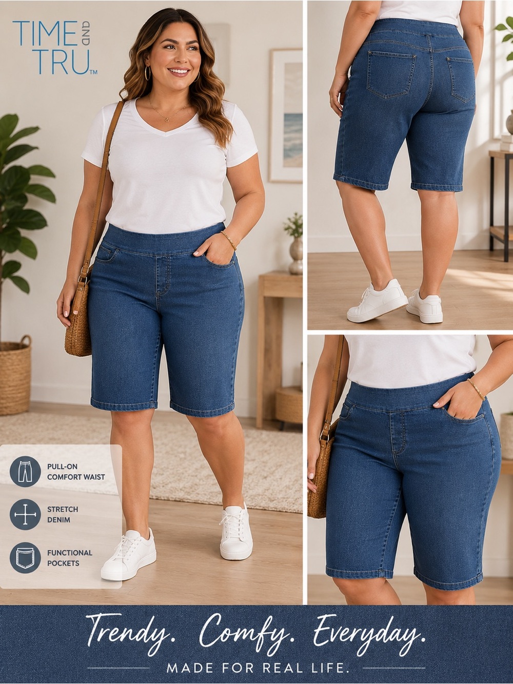 Time and Tru Denim Capri Pants Women’s Large 12-14 Pull On Stretch Blue
